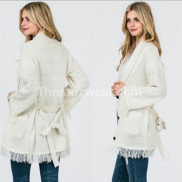 Uniq belted fringed cardigan cream medium large - Picture 9 of 9